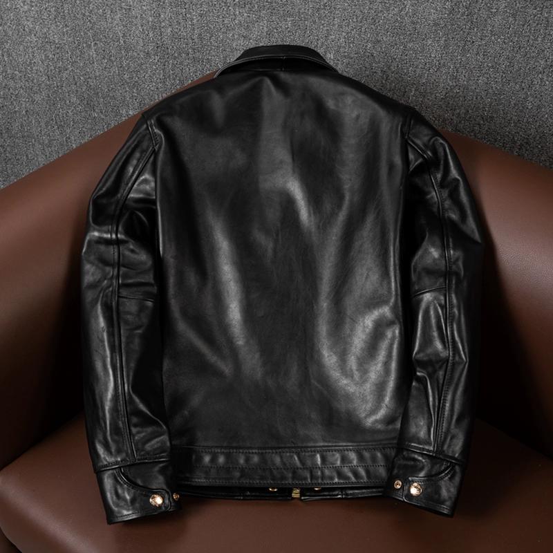 Genuine Horsehide Leather Jacket for Men Slim Fit with Notched Collar Vegetable Tanned Tea Core