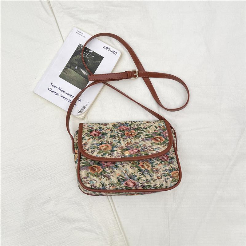 Floral Pattern Crossbody Bag with Leather Trim and Flap Closure for Vintage Inspired Style