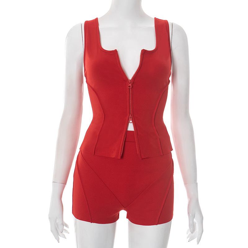 Europäisches & Amerikanisches Mode Schlankes Ärmelloses Reißverschluss Tanktop mit Eng Anliegendem Shorts Set
