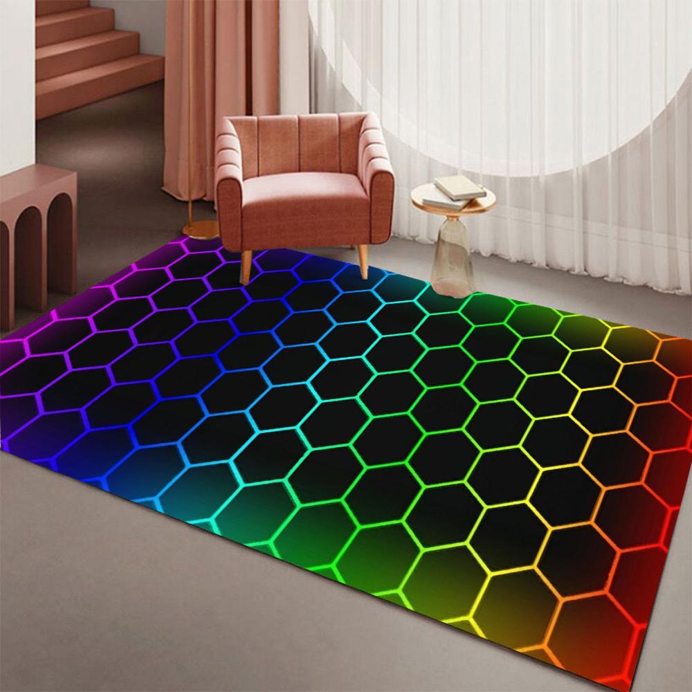 Sechseck Gamer Teppichmatte Neonlichtmuster PC Gaming Teppich Rutschfeste Bodenmatte für Schlafzimmer Büro Heimdekor Indoor Teppich