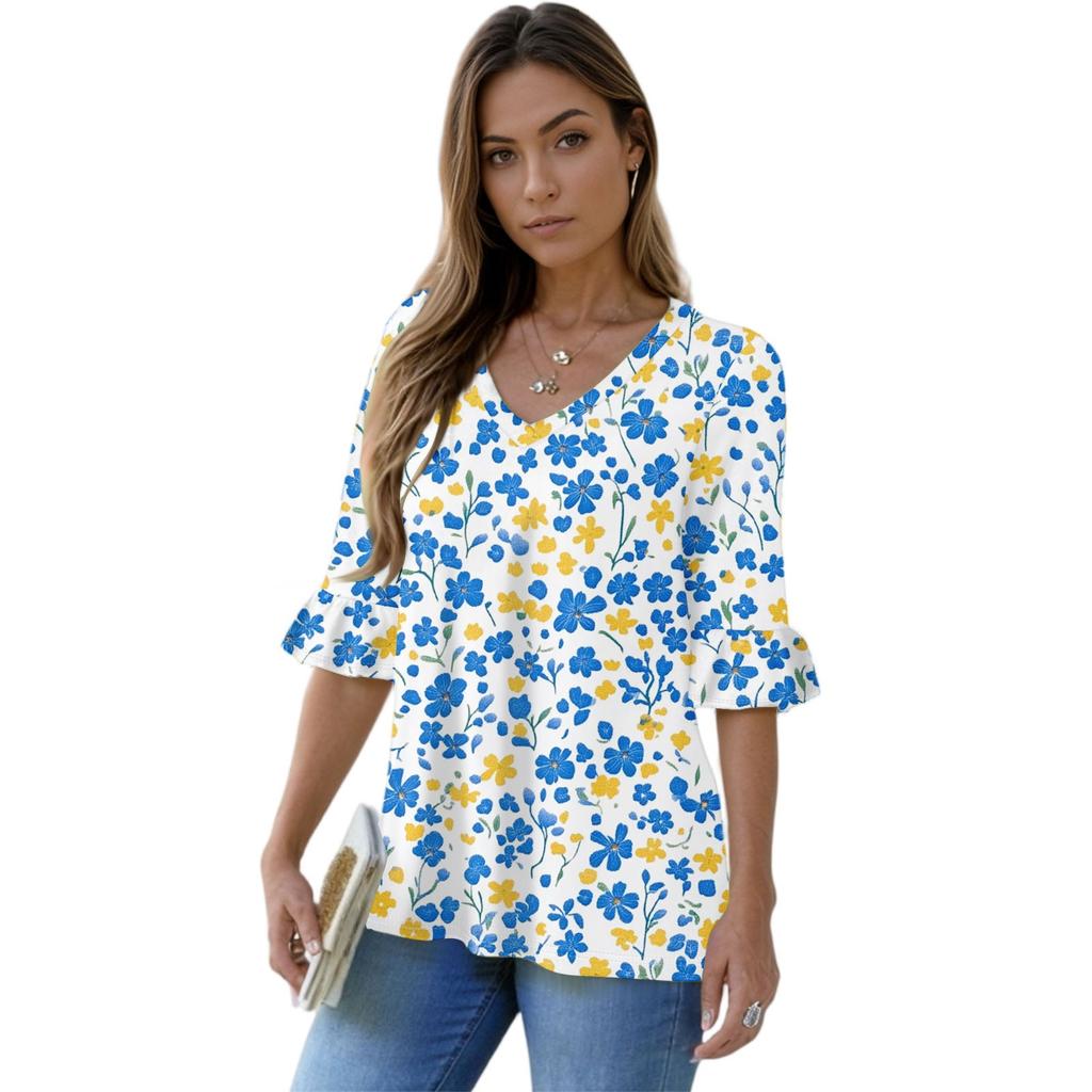 Women's Casual 3/4 Sleeve Tops V-Neck Sleeve T-Shirt Floral Print Tops