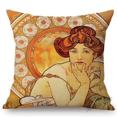 Vintage European Art Nouveau Mucha Gallery Decorative Sofa Pillow Cover Beautiful Beauty Girl Cotton Linen Luxury Cushion Cover