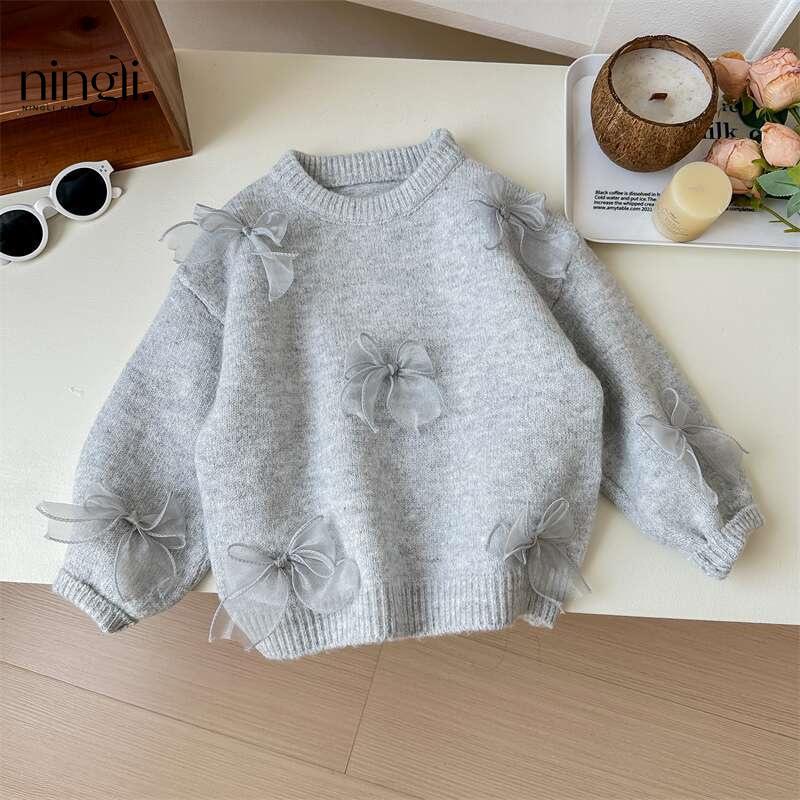 Korean Children Clothing Autumn Girl Baby Toddler Solid Bow Sweaters Winter Fashion Sweet Kid Princess Knitted Sweater