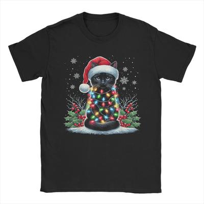 Black Cat Christmas Santa Hat Funny Meowy Cat T-Shirt Man Streetwear T-Shirts O Neck Tee Shirt Hot Sale Oversized Clothing
