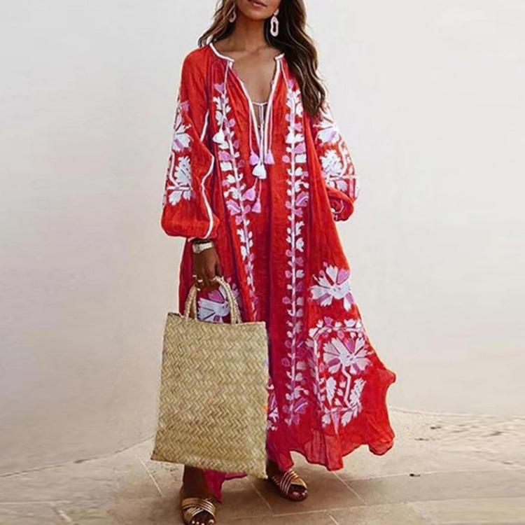 Bohemian Style Long Sleeve V Neck Dress Women Fashion Casual Long Dresses