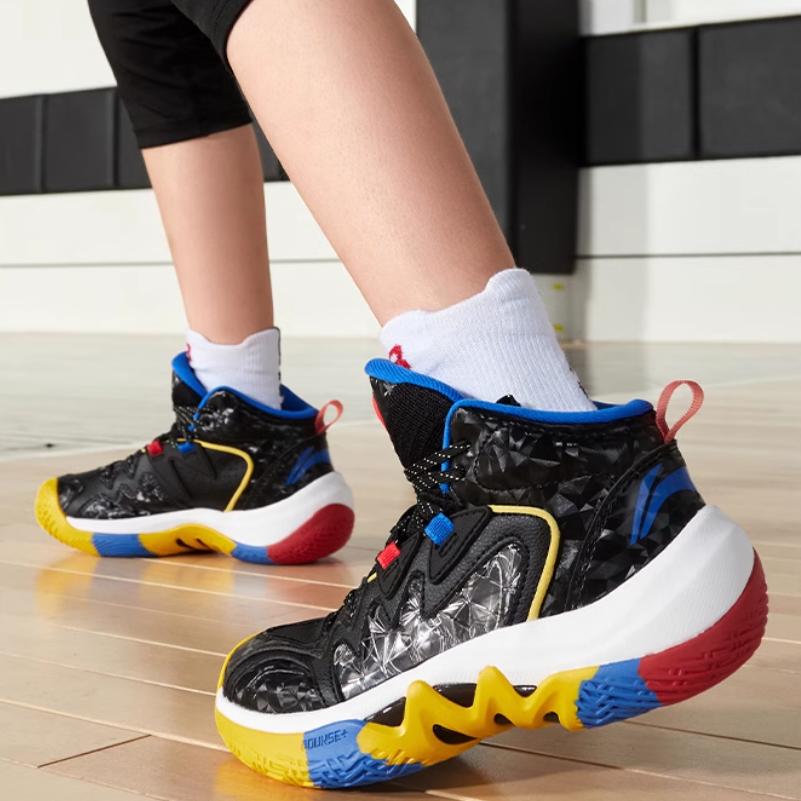 Li Ning Comfortable Non-Slip Shock Absorbing Durable Mid-Top Basketball Shoes Kids Sneakers Black YKBS086-3