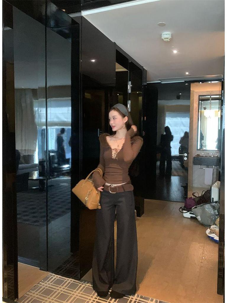 Women's Slim Fit Fur Collar Long Sleeve Top with Tie – Autumn/Winter Chic