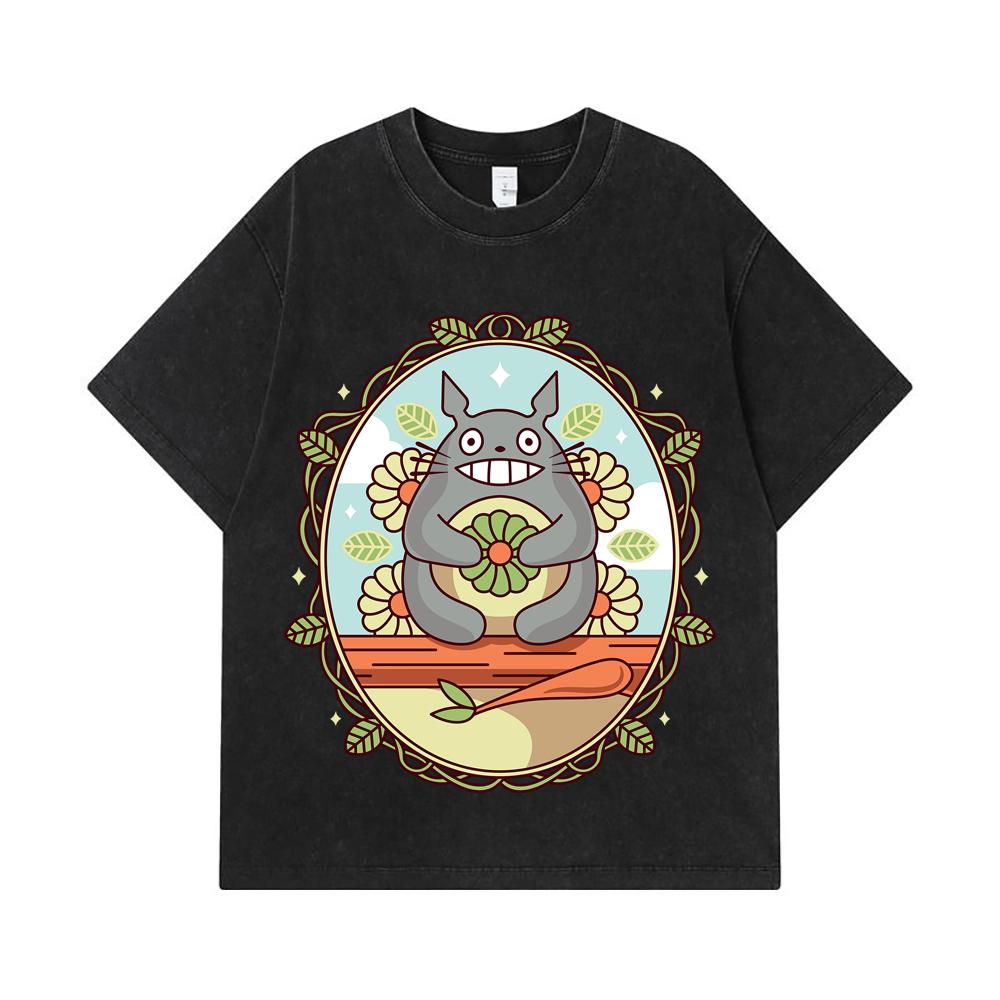 275 GSM Washed T-shirts 100% Cotton Ghibli V6 Totoro Print Unisex Heavy Cotton T Shirt
