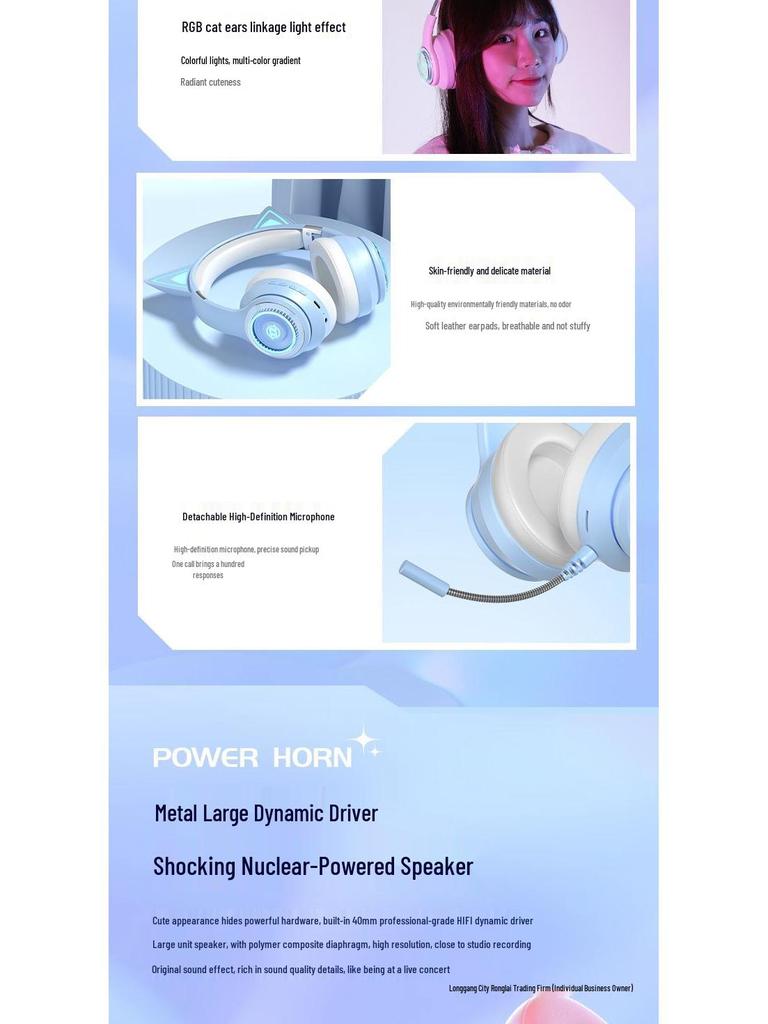Luminous Wireless Cat Ear Bluetooth Headphones, Over-Ear Sports & Gaming with Heavy Bass, Compatible with Mobile Phones & Computers (2025 Model)