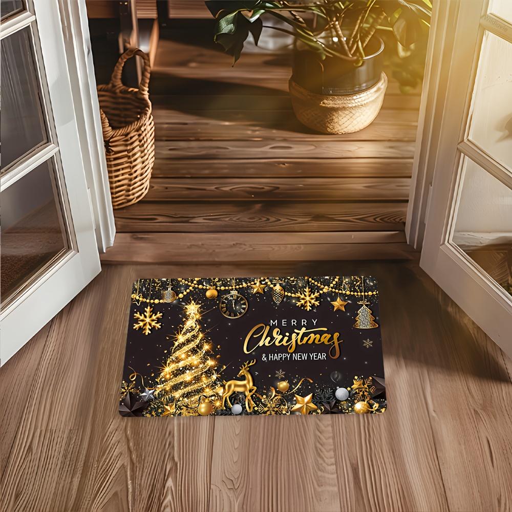 1pc Premium Flannel Christmas-Themed Mat, Luxurious Golden Tree and Reindeer Design Doormat, Non-Slip & Washable Mat for Living