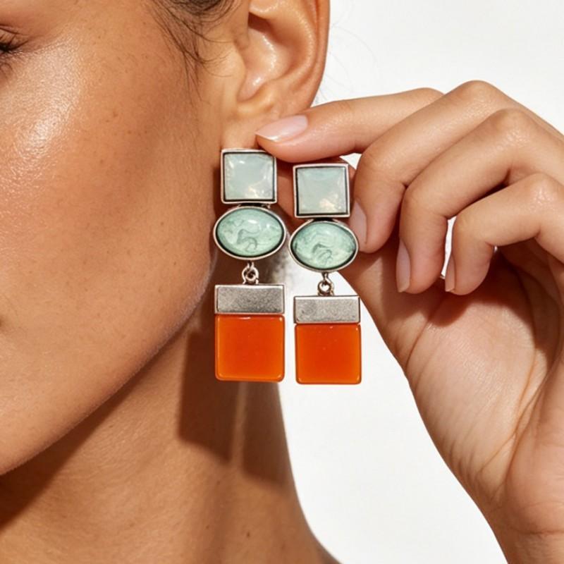 Bold Geometric Earrings Women Zinc Alloy Statement With Color Block Design In Green Blue Red