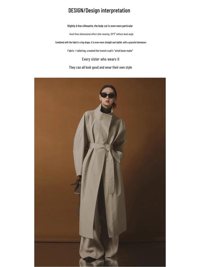 Rongtai Women's Tencel Drapey Trench Coat - Spring 2025 Collection, British Style with Tie-Waist and Stand Collar