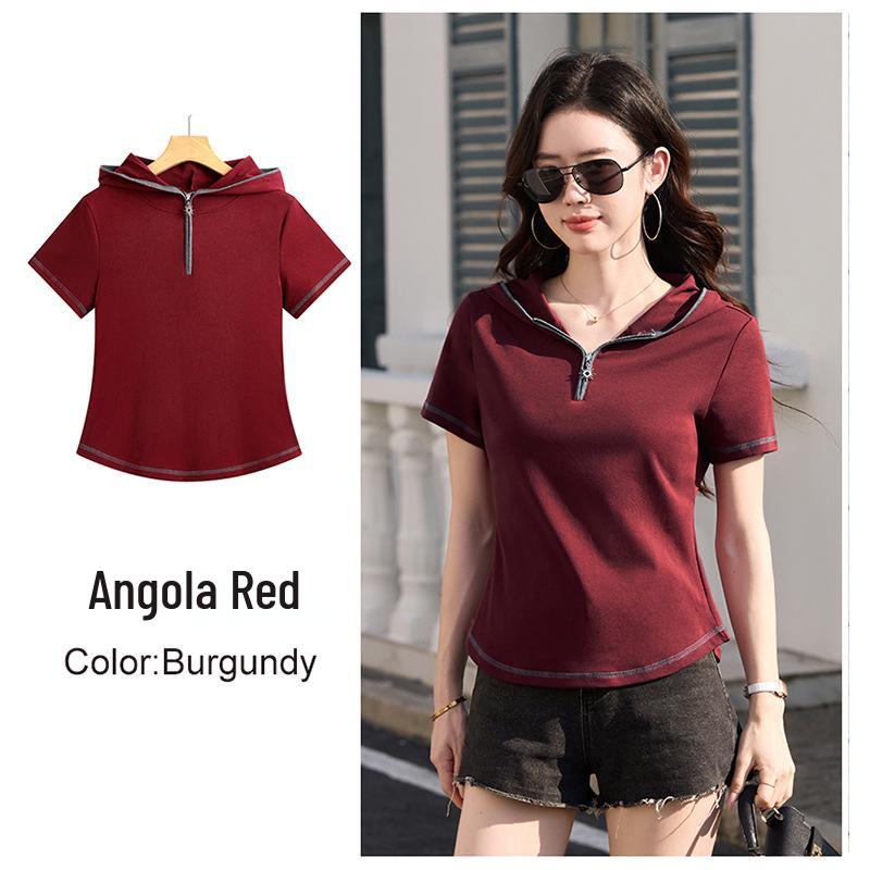 Women's Slim Fit Hooded Short Sleeve Zipper T-shirt - New Korean Style 2026, Solid Color Fashionable Top