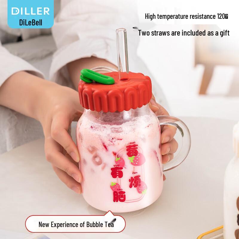 Dilabel Trendy Fruit Borosilicate Glass Cup with Handle & Straw