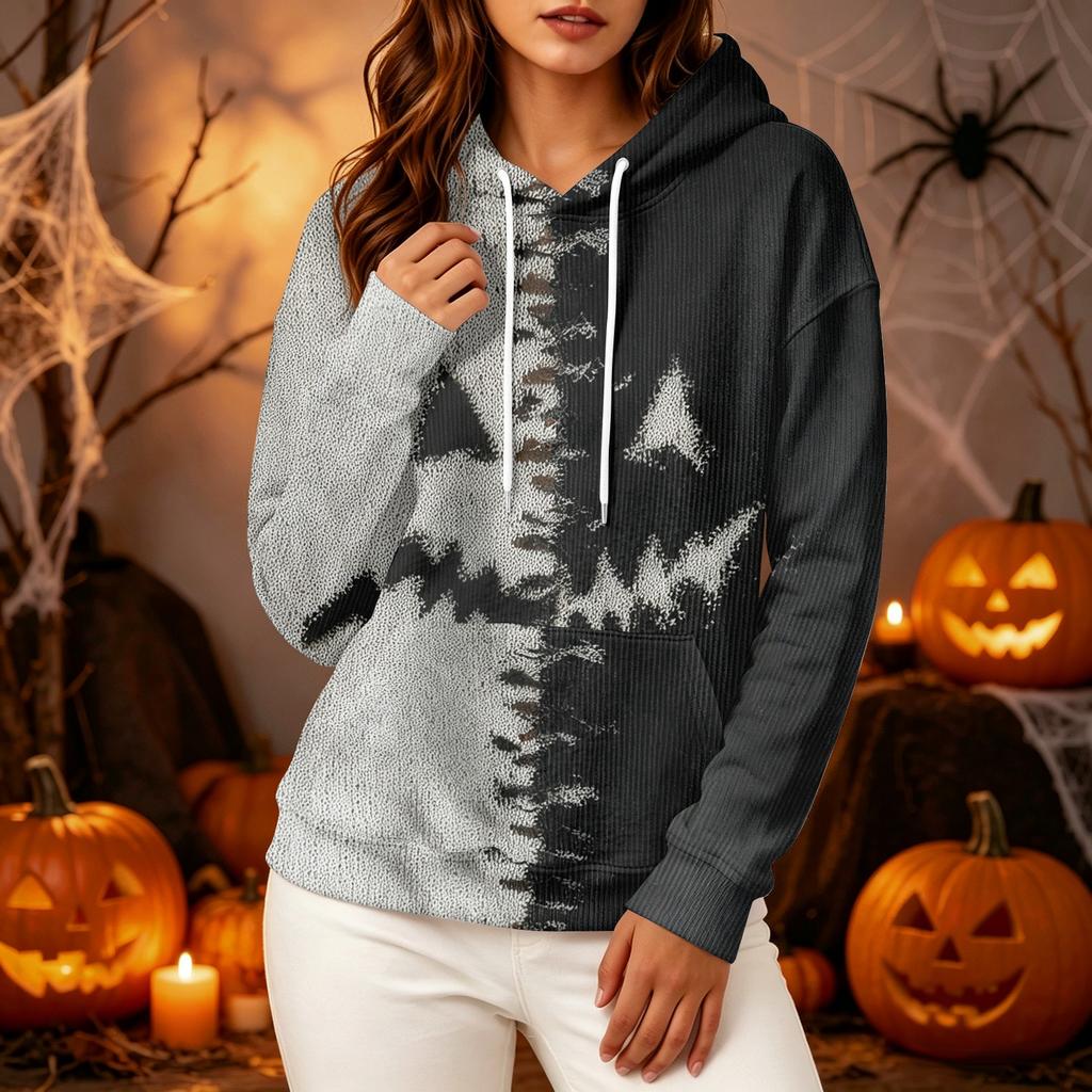 Women's Long Sleeve Pullover Hoodie with Halloween Print for Casual Outings