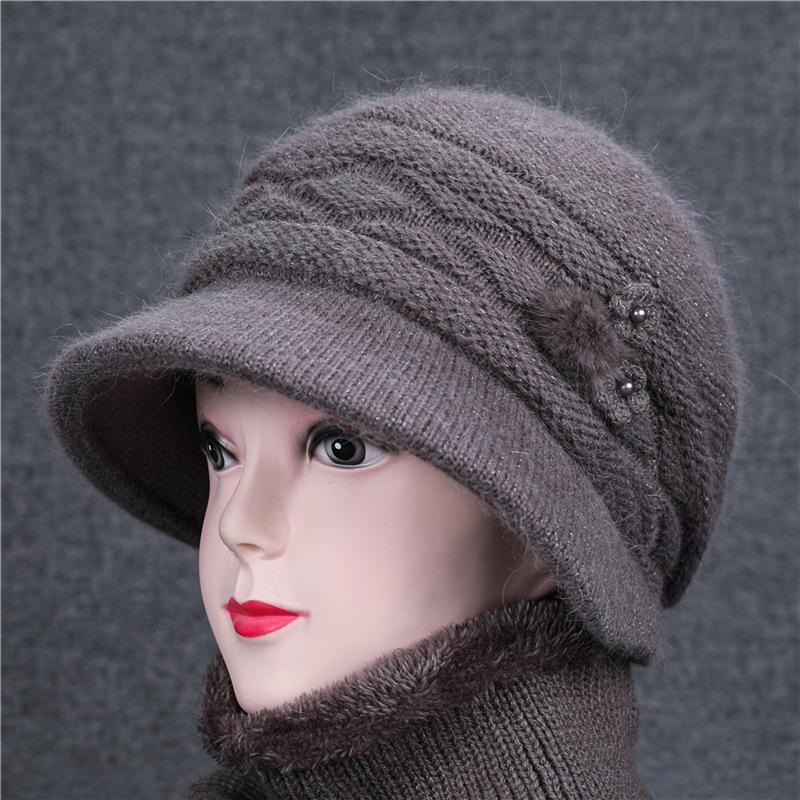 Mother Hat In The Elderly Autumn and Winter Rabbit Hair Knitted Pearl Pot Hat Women Thickened Winter Old Lady Wool Hat