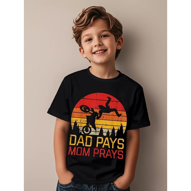 Boys Dad Pays Mom Prays Dirt Bike Vintage Motorcycle Graphic Crewneck T-Shirt, Boys Casual Streetwear Short Sleeve Tee 110 чёрный