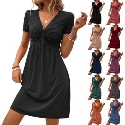 Women's Fashion Casual Dress V-Neck Chest Kink Pleated Waisted -Color Dress