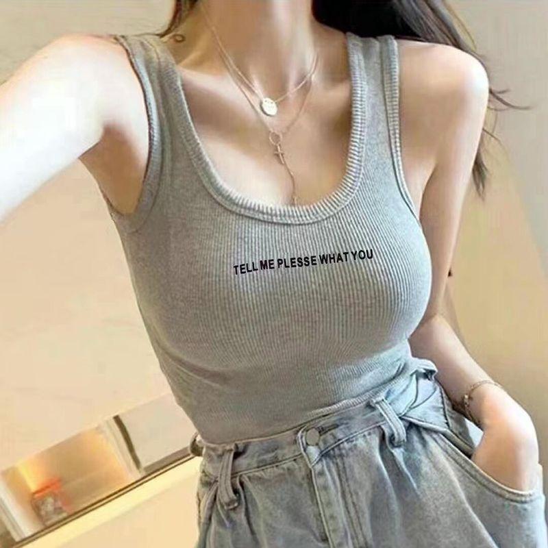 

New Arrival Fashion Letter Thread Pure Cotton Vest for Women Outwear Summer Pure Color Sexy Silm Spaghetti Straps Sleeveless Inner Wear Gray XS