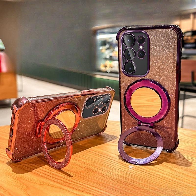 Suitable for Samsung S25 Ultra Electroplated Four Corner Airbag Mobile Phone Case S24 Makeup Mirror A17 Bracket A26 Anti Fall Cover 5