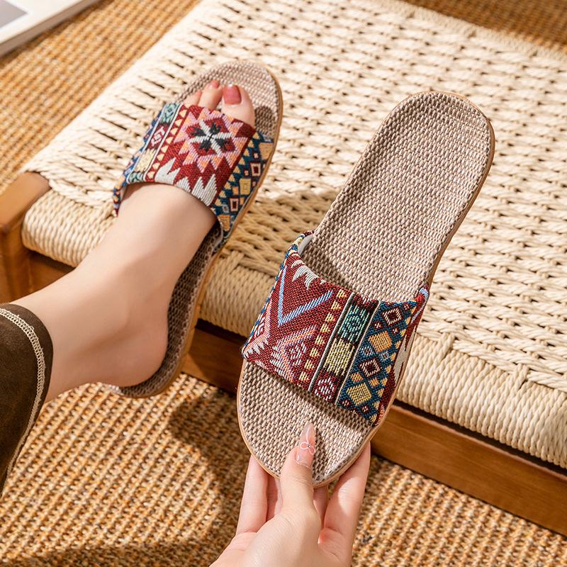 Linen slippers household thick bottom straw editor summer cool slippers indoor non-slip