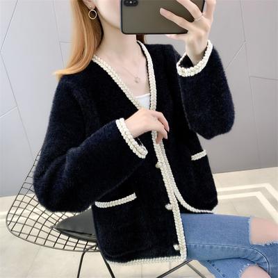 Women's Knitted Cardigan Spring and Autumn Imitation Mink Knitted Jacket Long Sleeved V-neck Plush Knitted Top