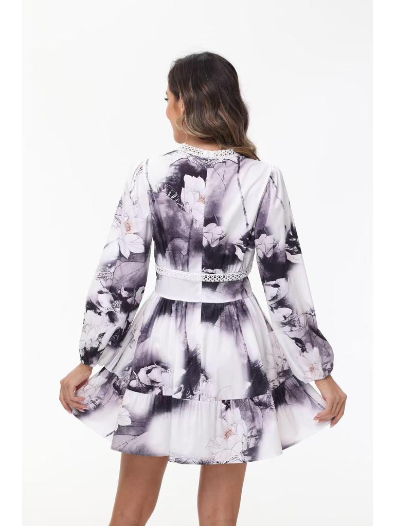 2025 Spring Sweet Print V-neck Lace Short Dress for Women