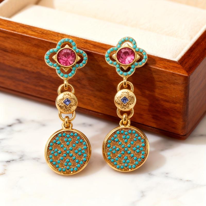 

Vintage Pattern Inlaid with Imitation Turquoise Circular Pendant Earrings, Women s Personalized Ethnic Style Holiday Accessories