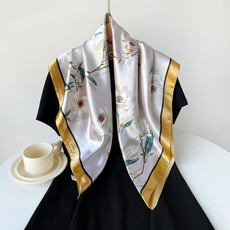 Silk Scarf Large Square Scarf Women's New 90cm Printed Vintage Wrap Scarf Satin Shawl Scarf