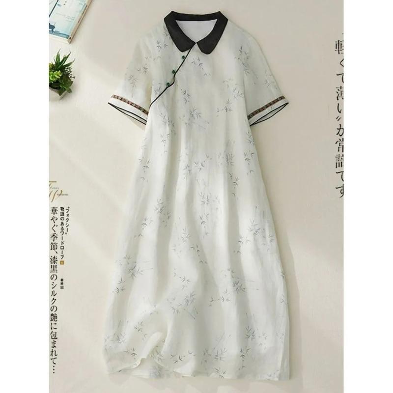 

Women s White Floral Print Black Contrast Collar Short Sleeve Qipao Style Midi Dress M