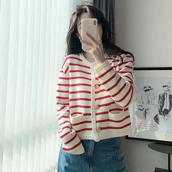 Women Stripe Knitted Cardigans Spring Autumn O-neck Single Breasted Long Sleeve Crop Tops Fashion Casual Chic Female Sweaters