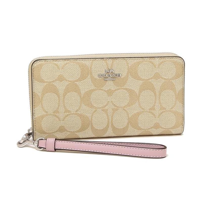 COACH Zip Around 19 Classic Presbyopia Zipper Closure Canvas and Leather Wallet Women's Khaki and Purple