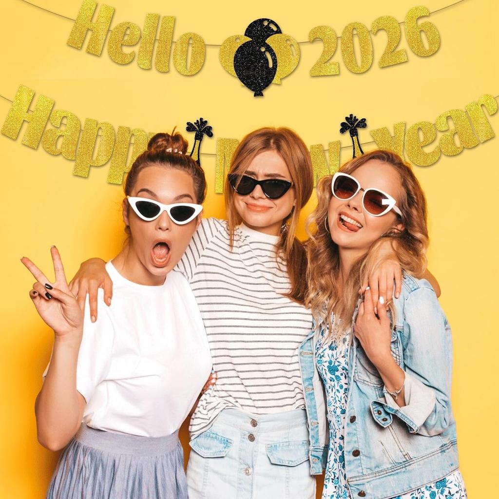 2026 New Year Banner with Sparkling Gold Letters - Elegant "Hello 2026 Happy New Year" Glitter Party Banner for New Year's Eve Decorations, Holiday