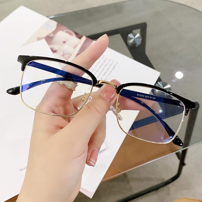 Retro Half Frame Metal Eyeglass Frame For Men Business Square Blue Light Blocking Plain Glasses Browline Eyeglass Holder Eyewear Accessories