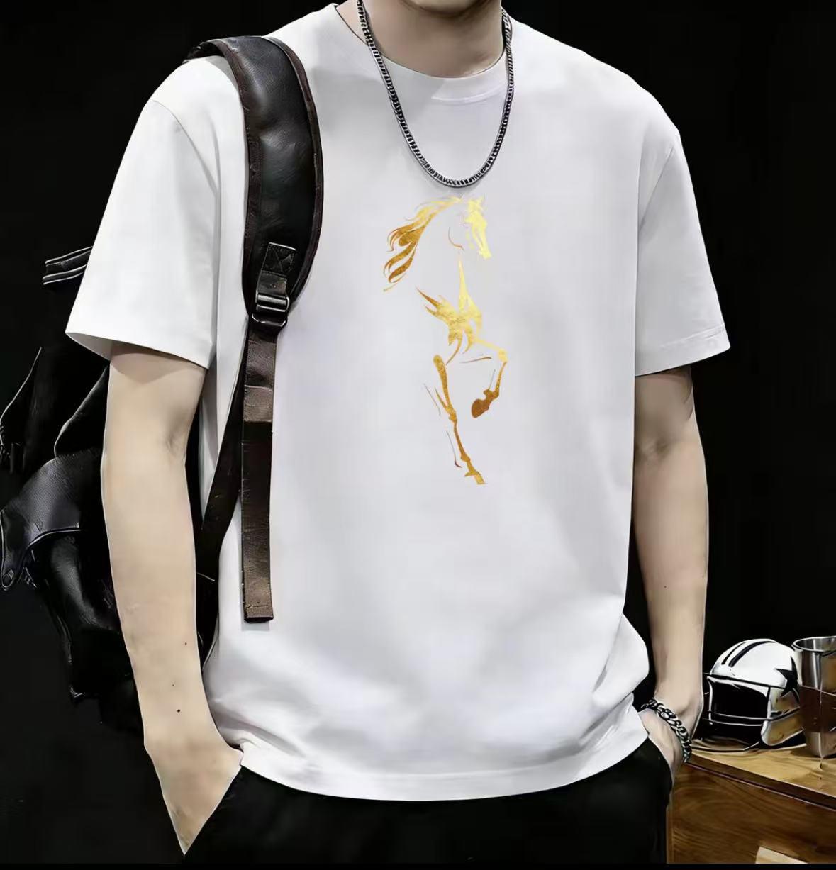 

Men s Trendy Red Galloping Horse Print T-shirt - New Year Good Luck, Short Sleeve, Round Neck, Fashionable Design S белый