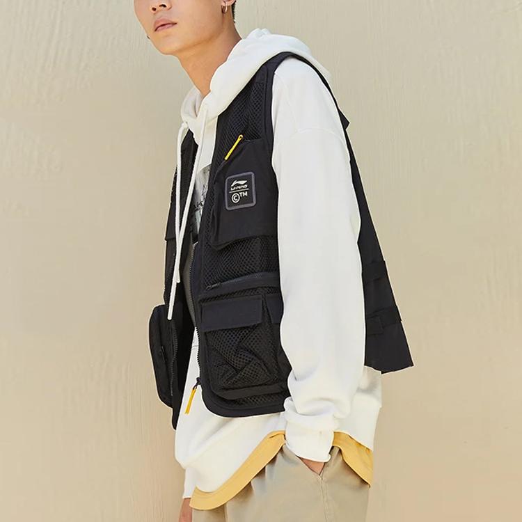 Li Ning X Chinatown Market Collaboration Utility Multi-Pocket Mesh Spliced Loose Vest Men Vests Black AMDR057-1