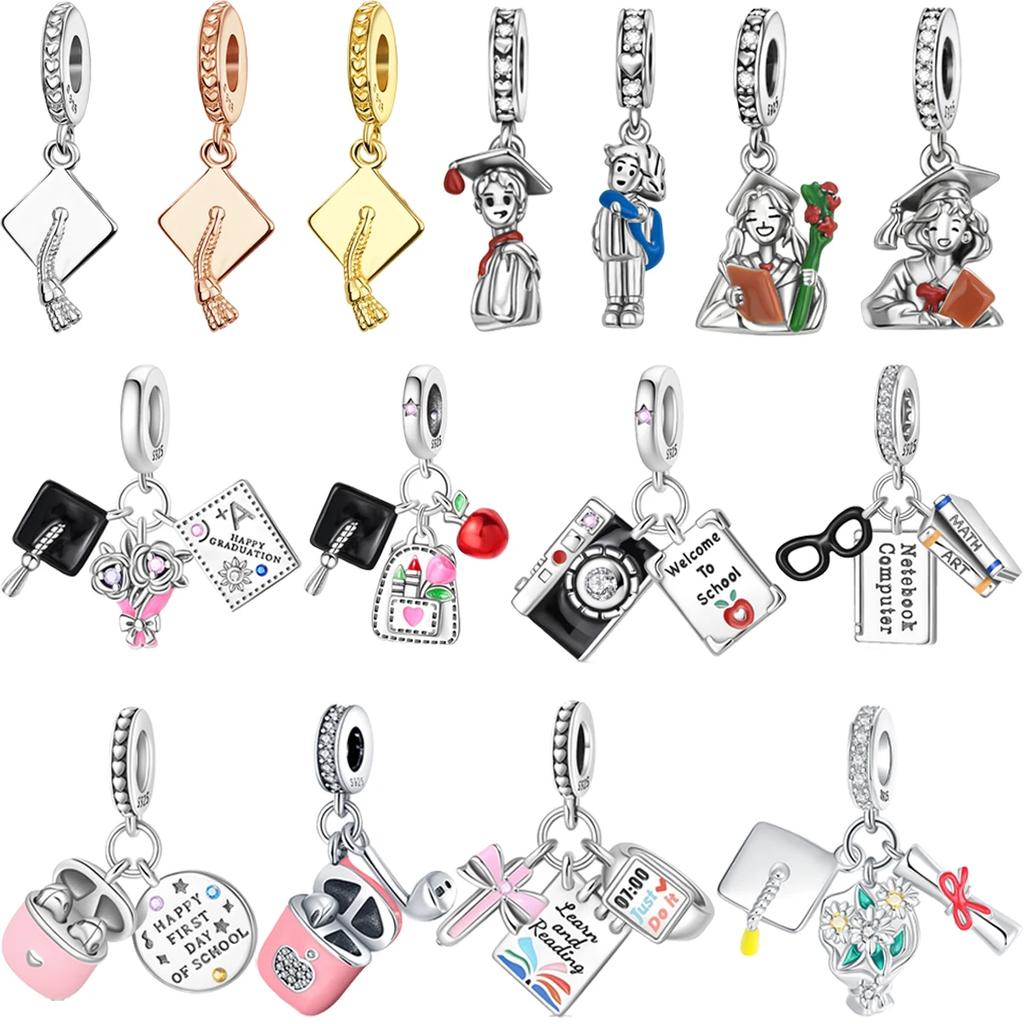 Original 925 Silver Graduation Charms Mortarboard Beads Flower Pendants for Bracelet Necklace DIY Jewelry Gift