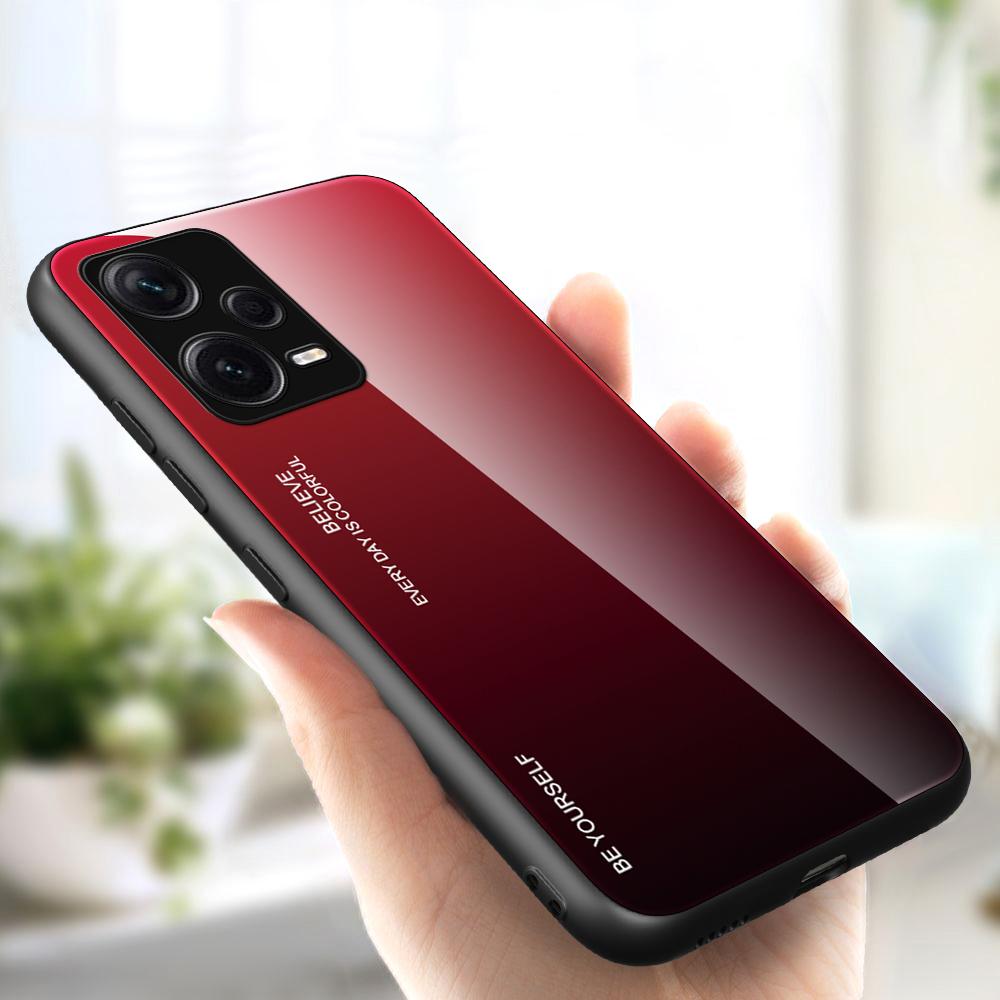 

For Xiaomi Redmi Note 12 Pro+ 5G Gradient Color Tempered Glass Hard PC Soft TPU Case Shockproof Cell Phone Cover Red/Black