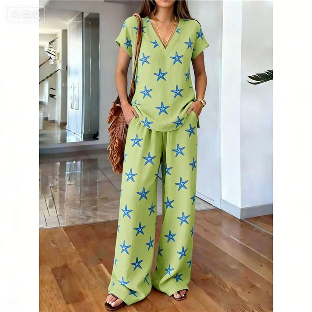 Y11116 Summer loose short-sleeved top wide-leg pants two-piece women's clothing European and American fashion suit