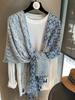 Elegant Women Silk Scarf Wrap Shawl Blue Print Sunscreen Bandanas Hijab Mujer Lady Scarve Pareo Headscarf Travel Boho Fashion