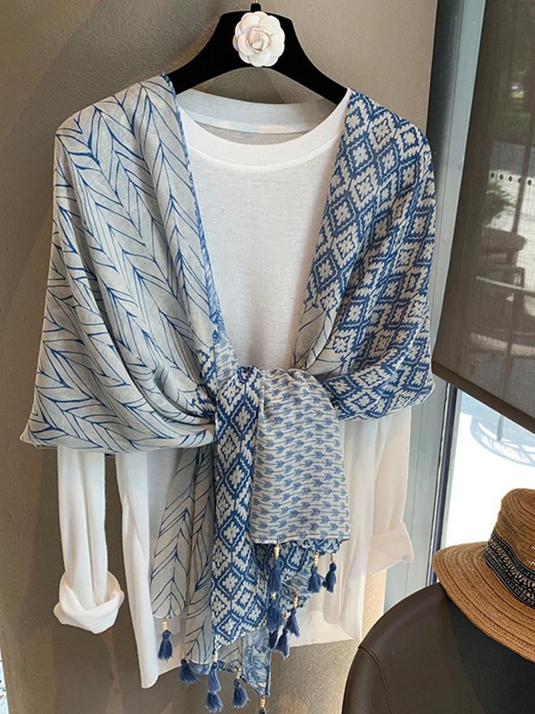 Elegant Women Silk Scarf Wrap Shawl Blue Print Sunscreen Bandanas Hijab Mujer Lady Scarve Pareo Headscarf Travel Boho Fashion