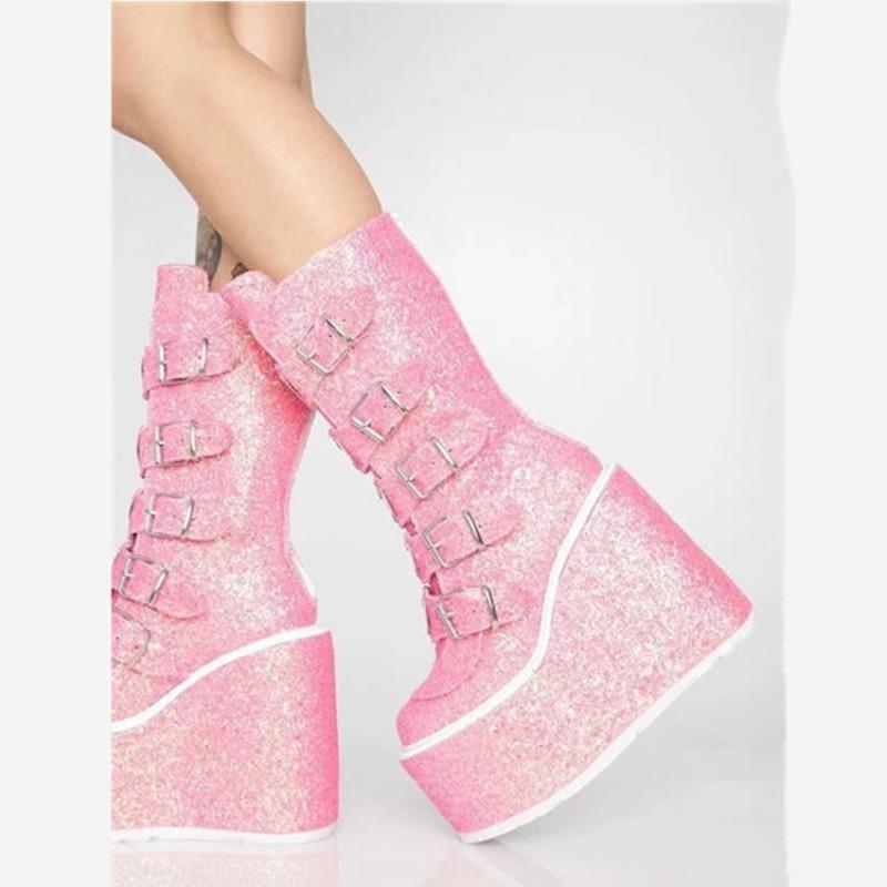 Punk Cosplay Women Sequin Boots Ladies High Boots Comfort Long Tube Boots Pink Platform High Wedges Women Shoes Gothic Boots