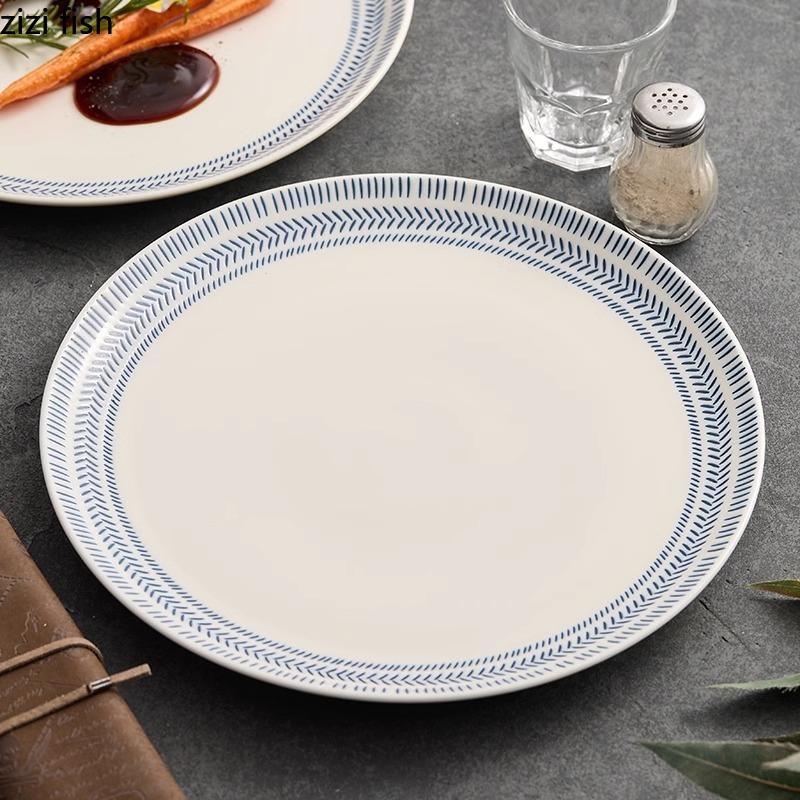 Blue Striped Ceramic Shallow Plate Underglaze Color Cake Plate Steak Plate Sushi Plates Restaurant Specialty Service Plates