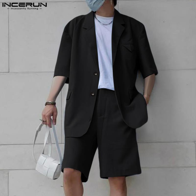 INCERUN Two Piece Suit Men Short Sleeve Shirts Zip-up Half Pants Outfits Sets