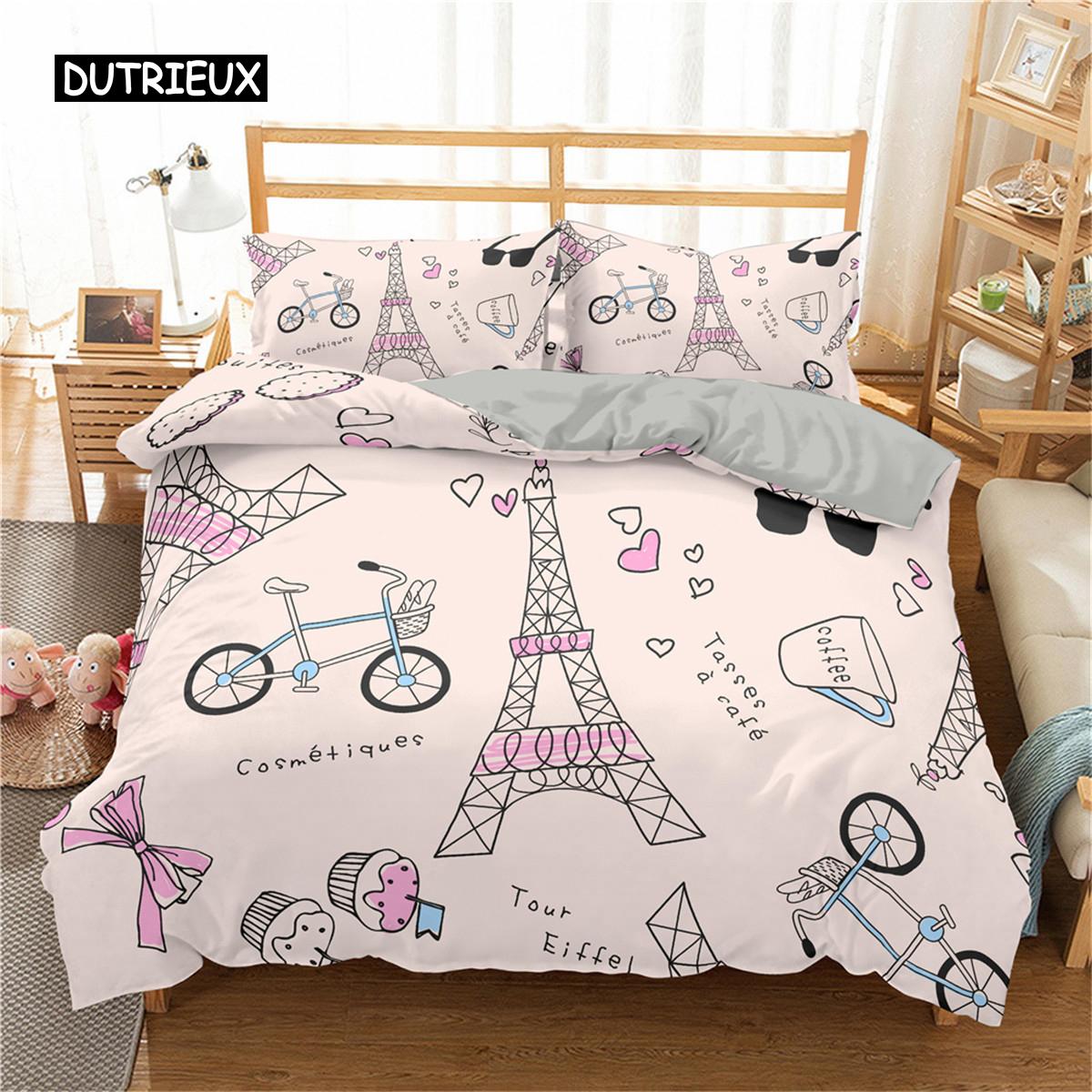 

Постельное белье с изображением Эйфелевой башни King Paris Eiffel Tower Themed Постельное белье из полиэстера с городским пейзажем и романтическим розовым сердечком EU single(135x200cm)