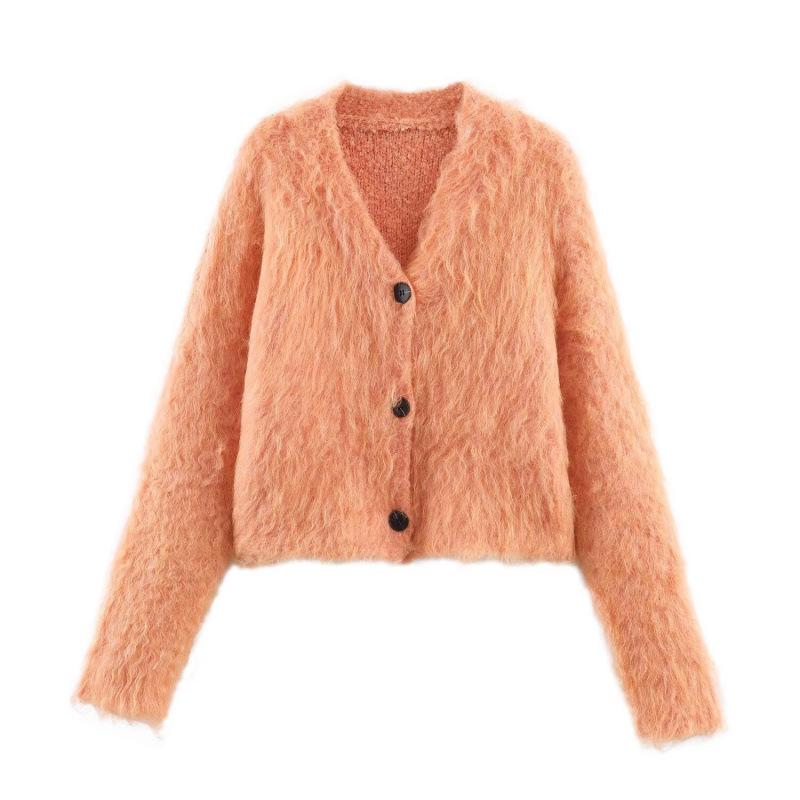 

2025 Winter European & American Fashion V-neck Long Hair Cardigan Coat Medium рожевий/помаранчевий