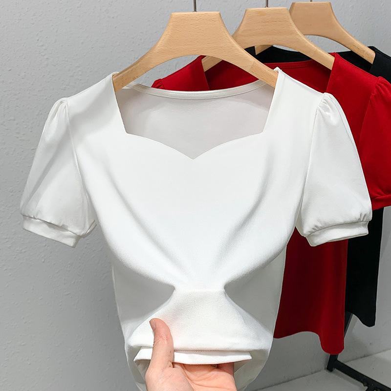 French Short-sleeved T-shirt for Womens Summer Latest Womens One Tone Puff Sleeve Cotton T-shirt Vintage Style Square Collar Waist Top