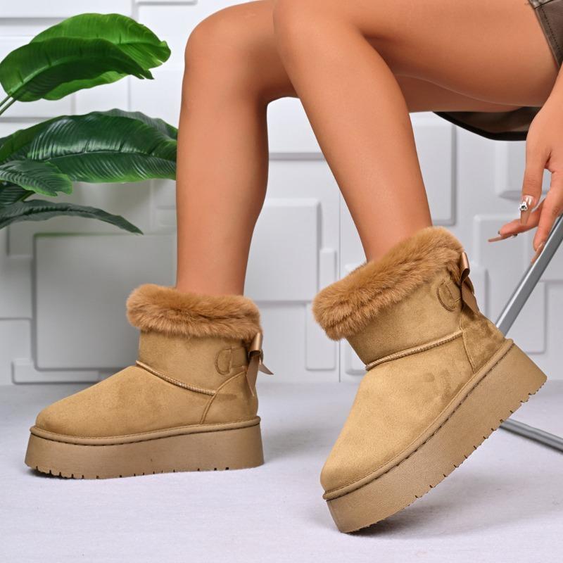Fashion 2025 Winter Bow Pile Thick Cotton Boots Casual Thick Soled Mid-tube Snow Boots Outdoor Wear Resistant Women's Plush Boots