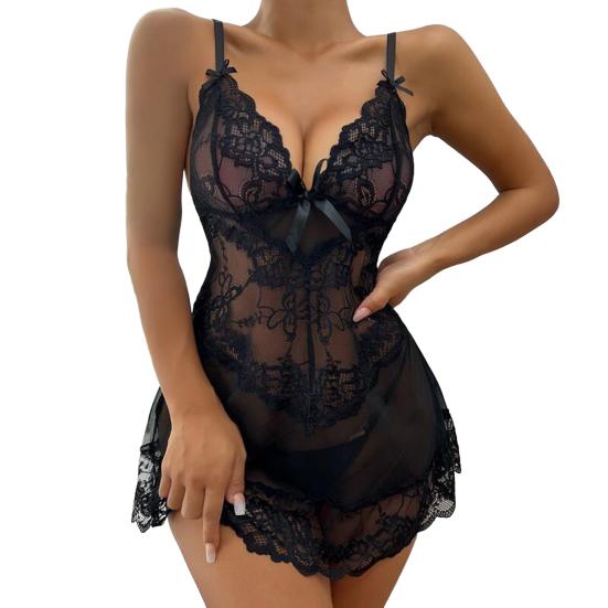 Kadın Seksi Fiyonklu Şeffaf File Babydoll Gecelik Gömlek V Yaka Pijama Takımı G-String Tanga Setli Çiçekli Dantel Boudoir Kıyafetleri