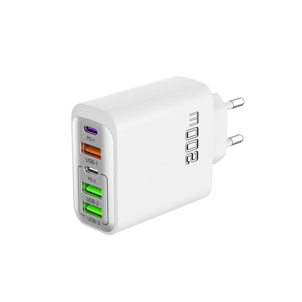 200W Multi-Port Charger with QC3.0 & PD Fast Charging, 3 USB + 2 PD Ports, EU/UK Plug, 5V/4A